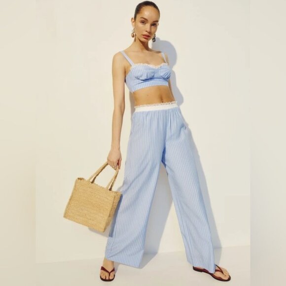NEW Reformation Pippa Two Piece Set Top Pants Sky Blue Stripe | US 0 UK 4 - Picture 1 of 16